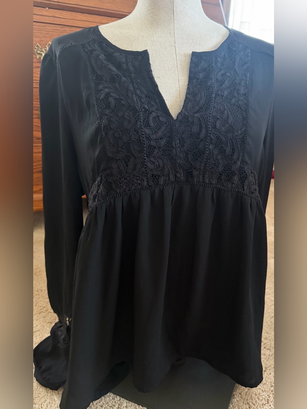 Daniel Rainn Black Lace Yoke Long-Sleeve Blouse